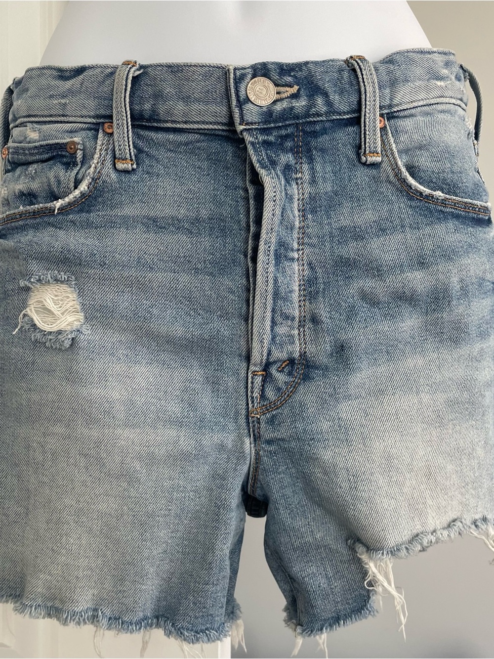 MOTHER Light Blue Frayed Distressed Denim Cutoff Shorts